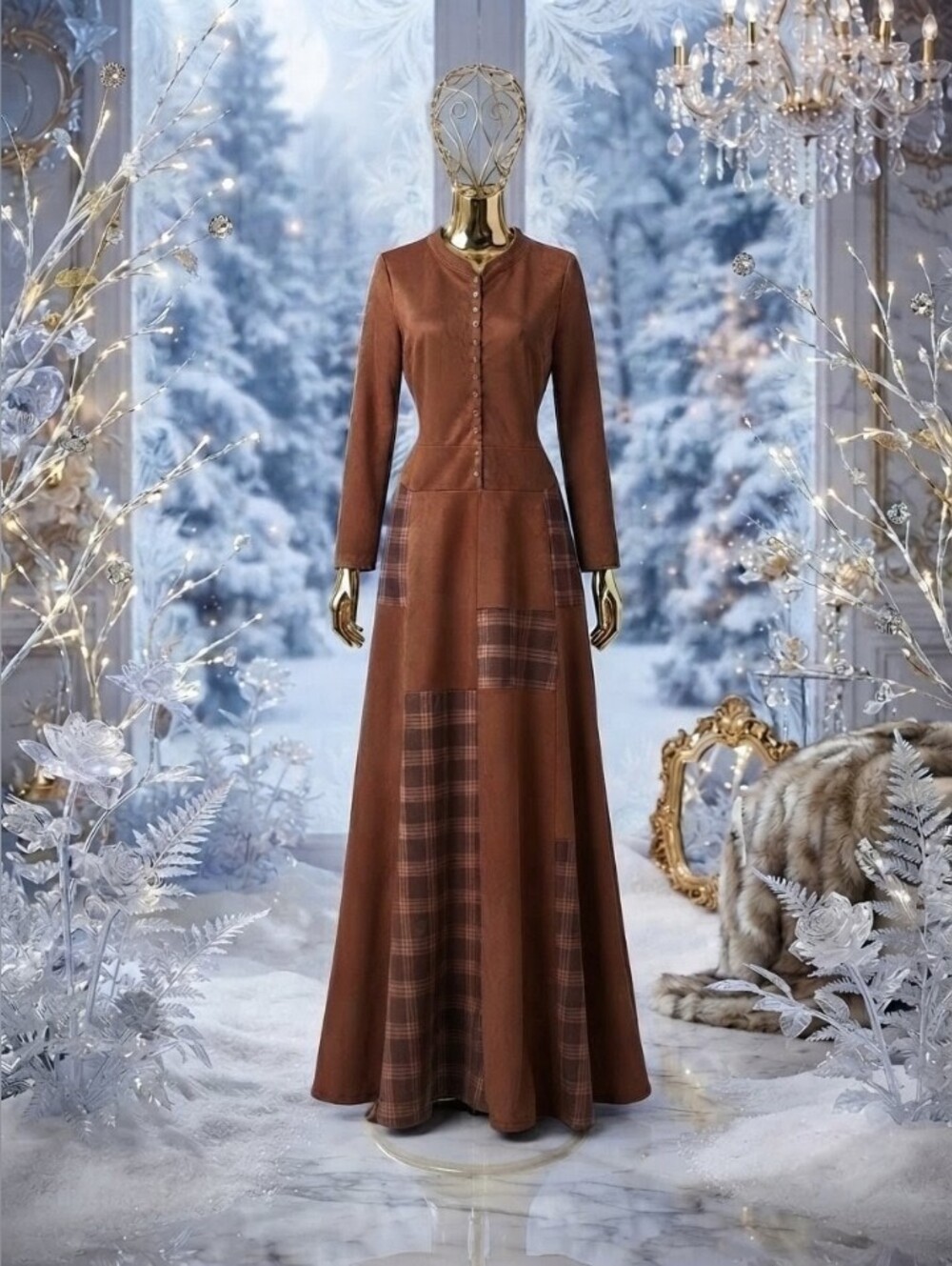 Faux Sued Brown Patchwork Maxi Dress with Long Sleeves & Brass Buttons